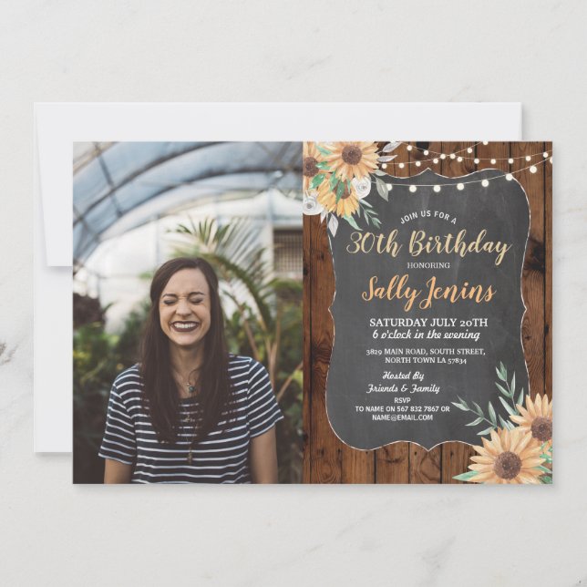 PhotoBirthday Party Rustic Sunflower Floral Wood Invitation (Front)