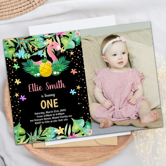 PhotoBlack Pineapple Flamingo Birthday Invitations (PhotoBlack Pineapple Flamingo Birthday Invitations)