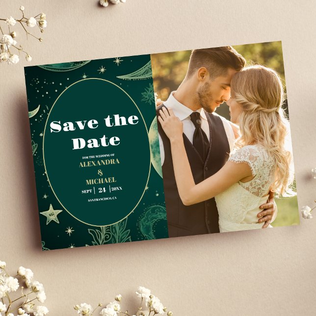 PhotoEmerald Green Gold Celestial  Wedding Save The Date (Creator Uploaded)