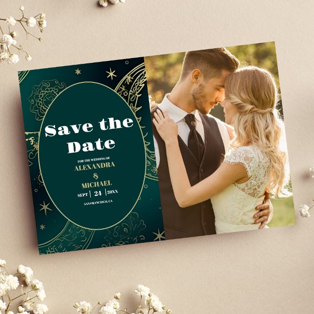 PhotoEmerald Green Gold Celestial  Wedding Save The Date (Creator Uploaded)