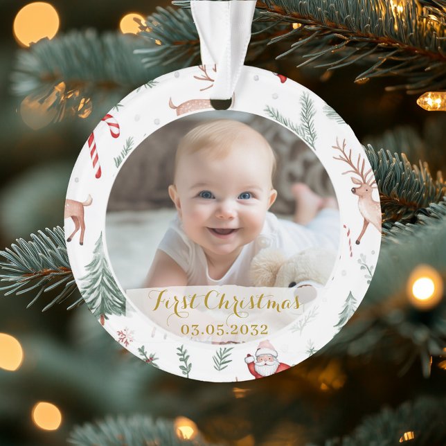 PhotoFirst Christmas Script Classic Pattern Ornament (First Christmas Script Classic Rustic Reindeer & Santa Pattern. Cute Baby's First Christmas holiday )
