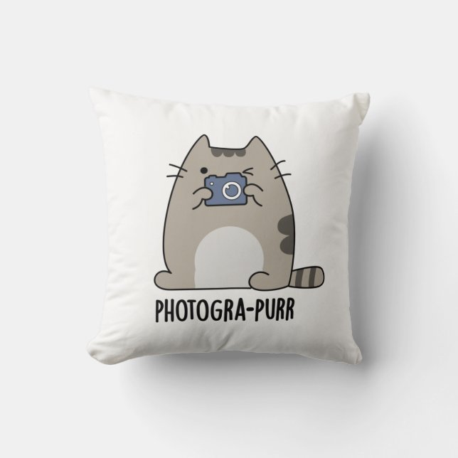 Photograh-purr Funny Cat Photographer Pun Cushion (Front)