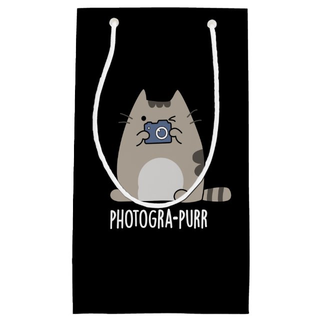 Photograh-purr Funny Cat Photographer Pun Dark BG Small Gift Bag (Front)