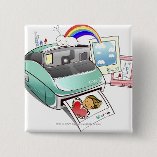 Photograph coming out of an instant camera 15 cm square badge