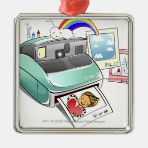 Photograph coming out of an instant camera metal tree decoration