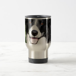Photograph of a happy dog travel mug