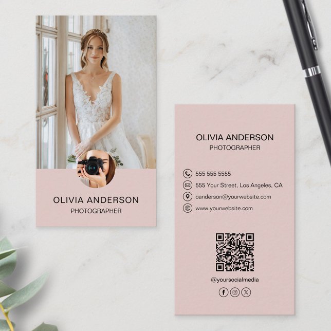 Photographer 2 Photos Custom Icons QR Code Pink Business Card (Photographer 2 Photos Custom Icons QR Code Pink Business Card)