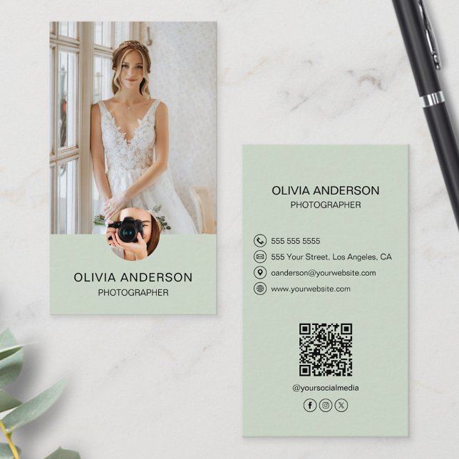 Photographer 2 Photos Custom Icons QR Sage Green Business Card (Photographer 2 Photos Custom Icons QR Sage Green Business Card)