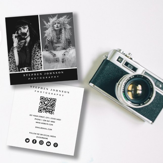 Photographer 2 Photos QR Code Social Media Icons  Square Business Card (Creator Uploaded)