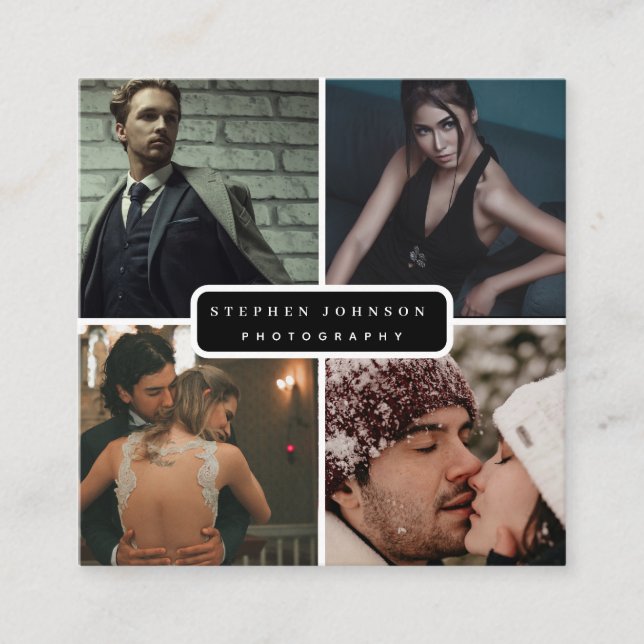 Photographer 4 Photos QR Code Social Media Icons   Square Business Card (Front)