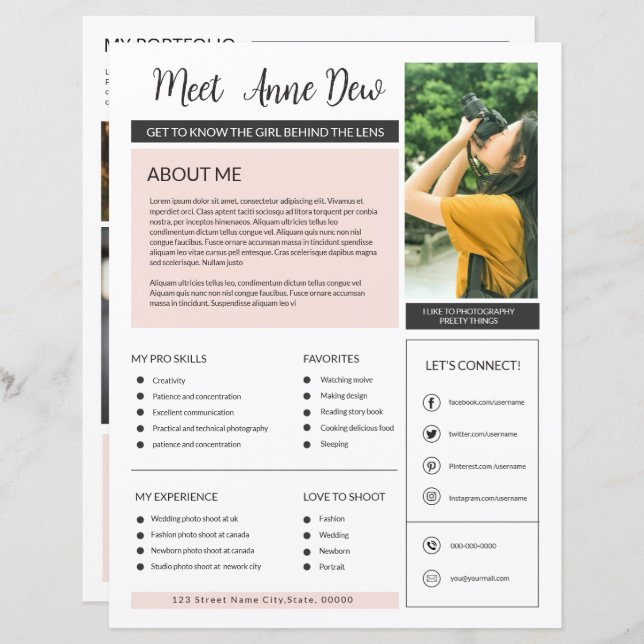 Photographer About me Page Template (Front/Back)