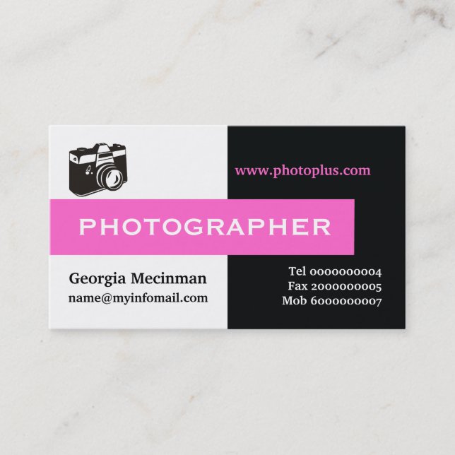 Photographer black, white, hot pink eye-catching business card (Front)