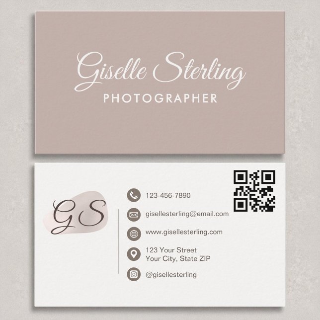 Photographer Blush Mauve Modern Elegant QR Code Business Card (Creator Uploaded)