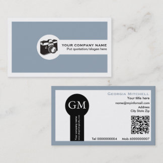 Photographer camera and QR code dusty blue Business Card