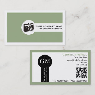Photographer camera and QR code sage green Business Card