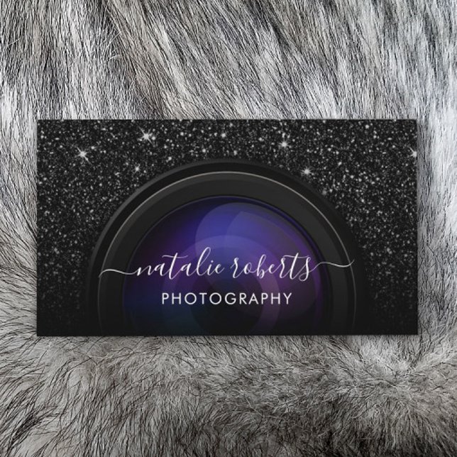 Photographer Camera Chic Black Glitter Photography Business Card (Creator Uploaded)