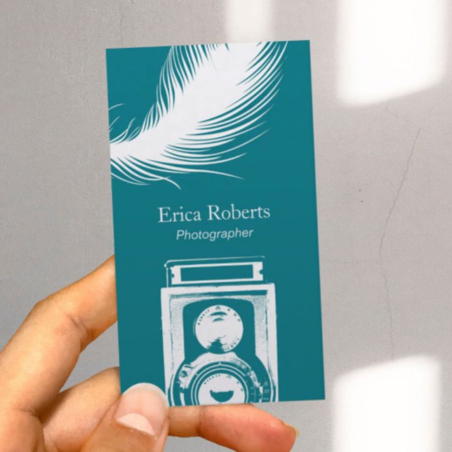 Photographer Camera & Feathers Modern Teal Business Card (Creator Uploaded)