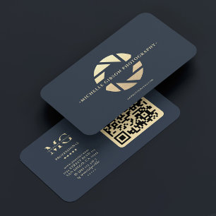 Photographer Dark Blue Gold Camera Lens Modern Business Card