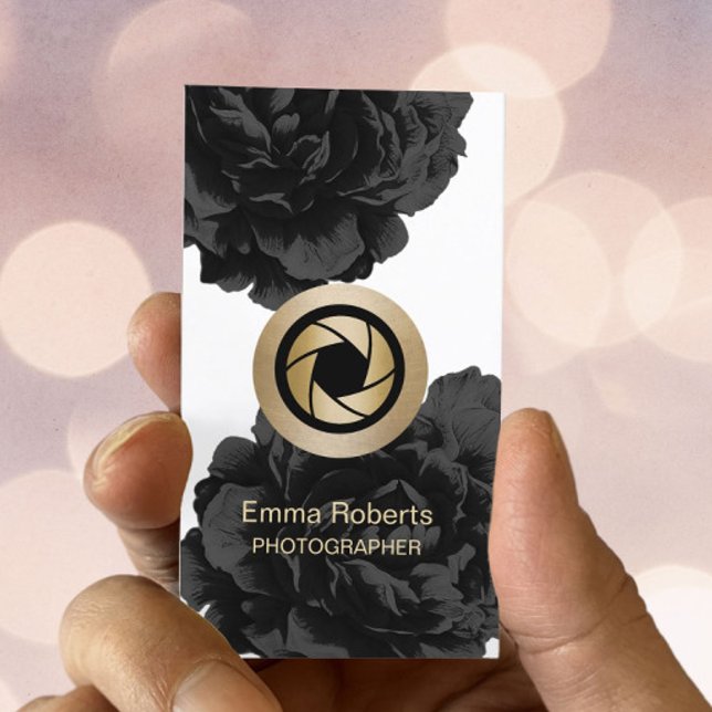 Photographer Gold Camera Black Floral Photography Business Card (Creator Uploaded)
