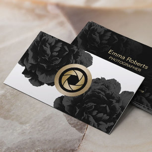Photographer Gold Camera Shutter Logo Black Floral Business Card
