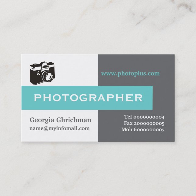 Photographer grey, white, blue eye-catching business card (Front)