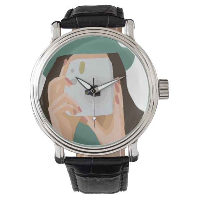 Photographer Illustrated Camera Girl Art Watch (Front)