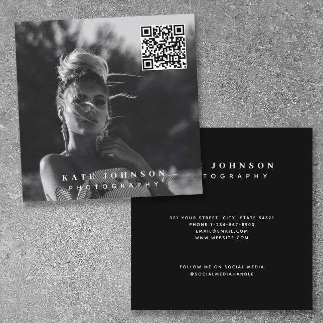Photographer Minimal Photo QR Code Social Media  Square Business Card (Creator Uploaded)