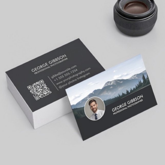 Photographer Modern Minimal QR Code Sleek Black Business Card (Creator Uploaded)