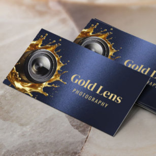 Photographer Modern Navy & Gold Lens Photography Business Card
