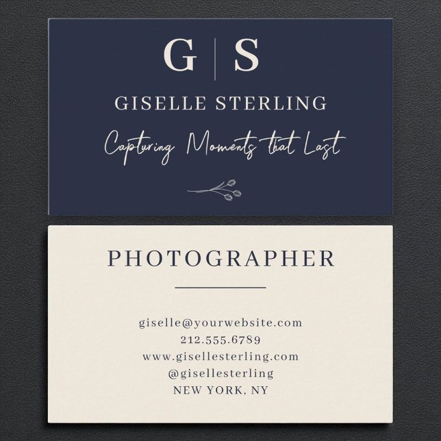 Photographer Monogram Elegant Navy Blue Cream Business Card (Creator Uploaded)