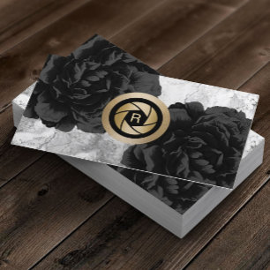 Photographer Monogram Gold Shutter Black Floral Business Card