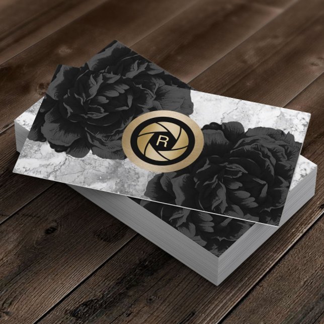 Photographer Monogram Gold Shutter Black Floral Business Card (Creator Uploaded)