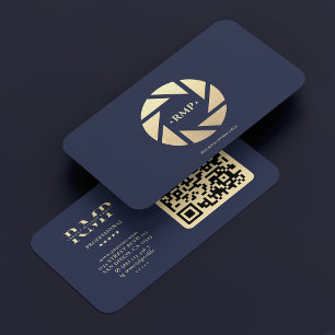 Photographer Navy Blue Gold Camera Lens Modern  Business Card