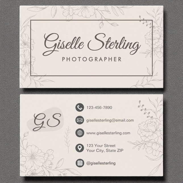 Photographer Neutral Ivory Floral Elegant Script Business Card (Creator Uploaded)