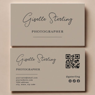 Photographer Neutral Taupe Script QR Code Business Card