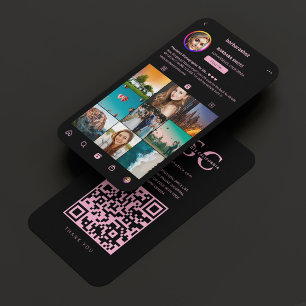 Photographer Photo Grid Black Pink Monogram Business Card
