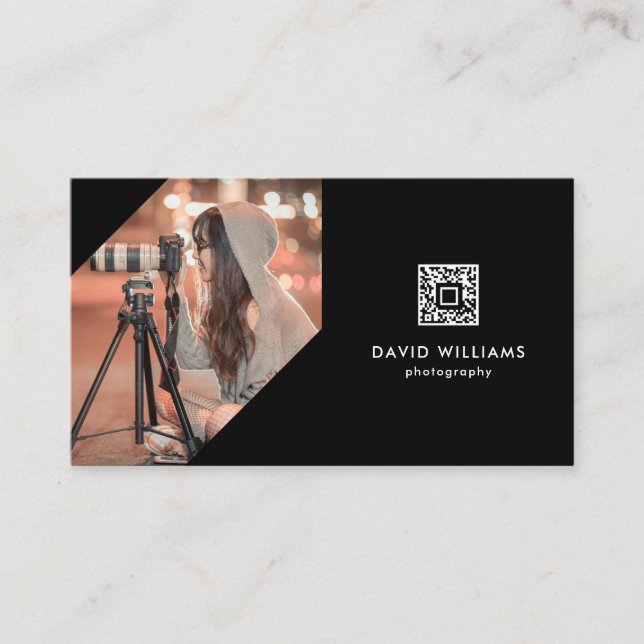 Photographer Photo QR Code Black Professional Business Card (Front)