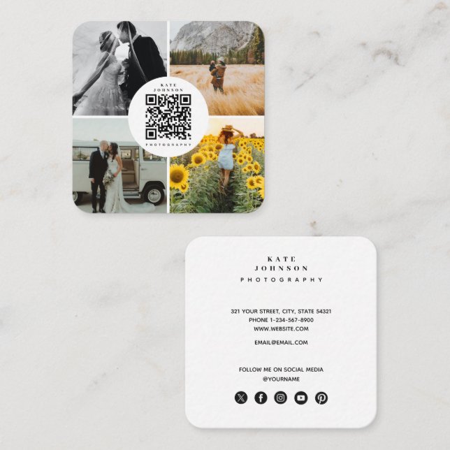 Photographer Photos QR Code Social Media Icons  Square Business Card (Front/Back)