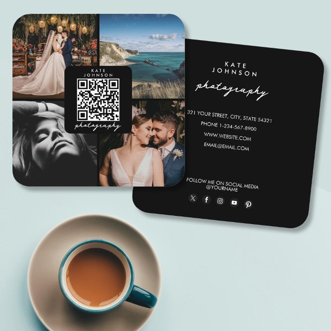 Photographer Photos QR Code Social Media Script  Square Business Card (Photographer Photos QR Code Social Media Script Square Business Card)