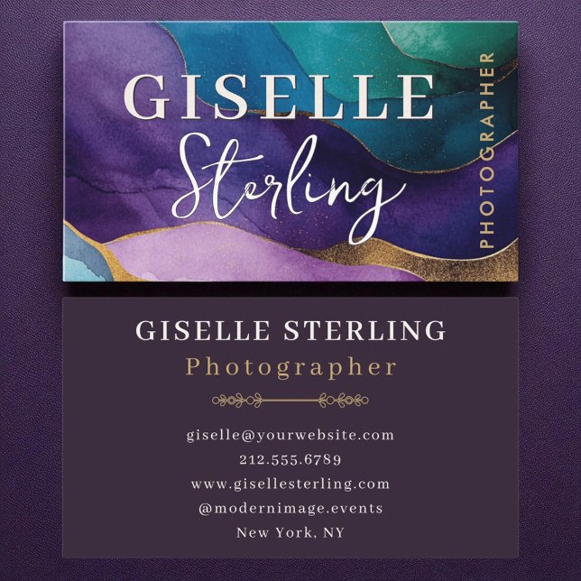 Photographer Purple Gold Modern Watercolor  Business Card (Creator Uploaded)