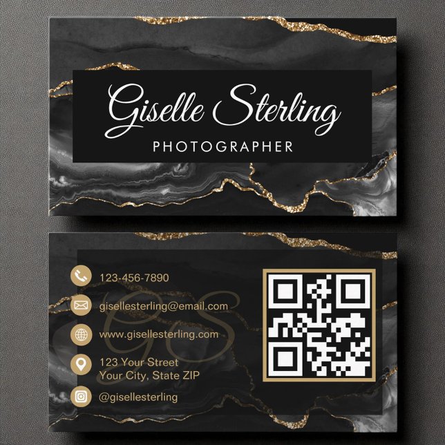 Photographer QR Code Black Gold Agate Luxury Luxe Business Card (Creator Uploaded)