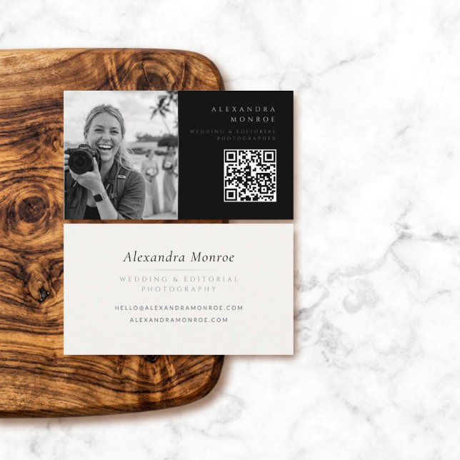 Photographer QR Code Black & Silver Business Card (Creator Uploaded)
