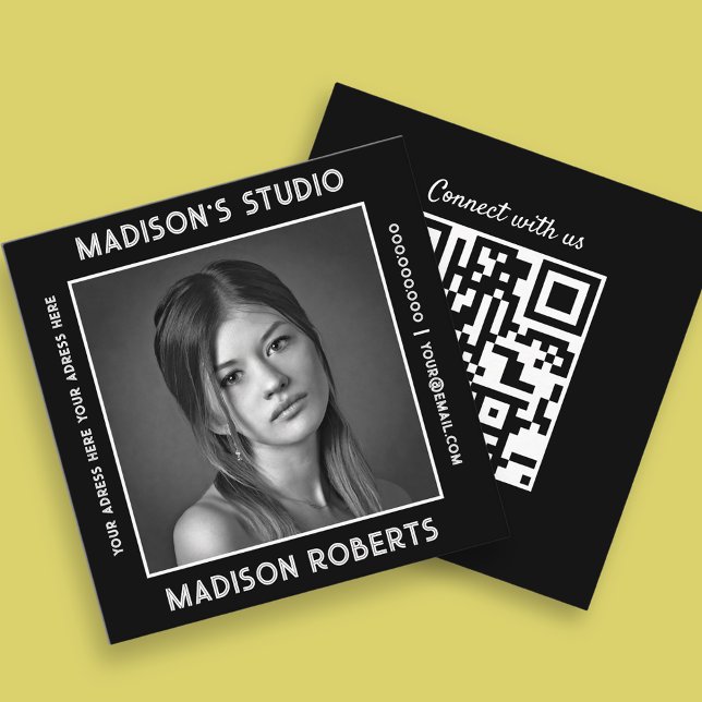 Photographer QR code custom photo black chic Square Business Card (Creator Uploaded)