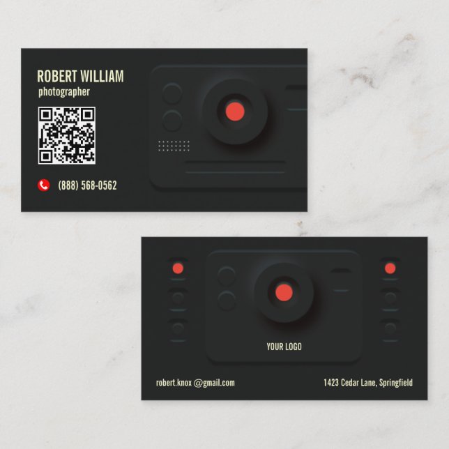Photographer QR Code Modern Black | Minimal Design Business Card (Front/Back)