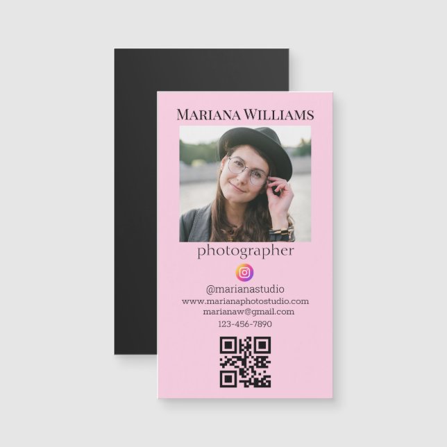 photographer qr code photo pink business magnet (Front/Back)