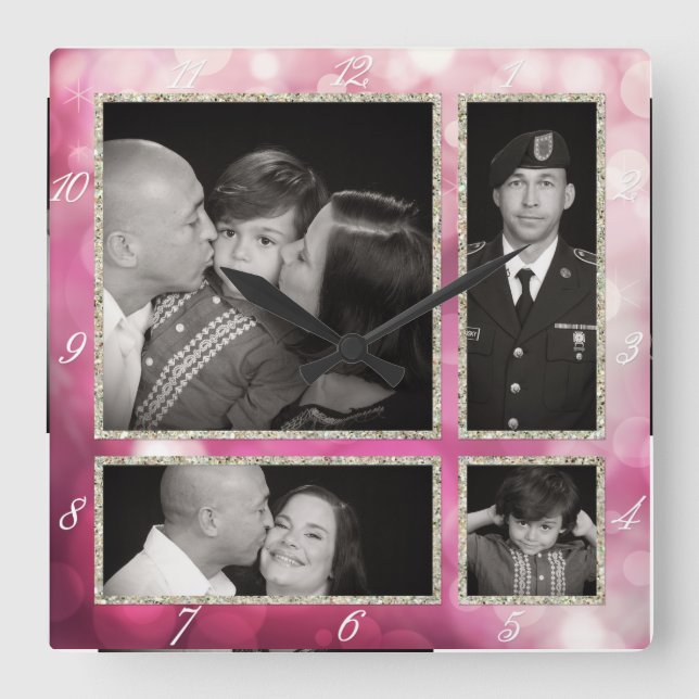 Photographic Collage Four Pink Bokeh Sparkle Glitz Square Wall Clock (Front)