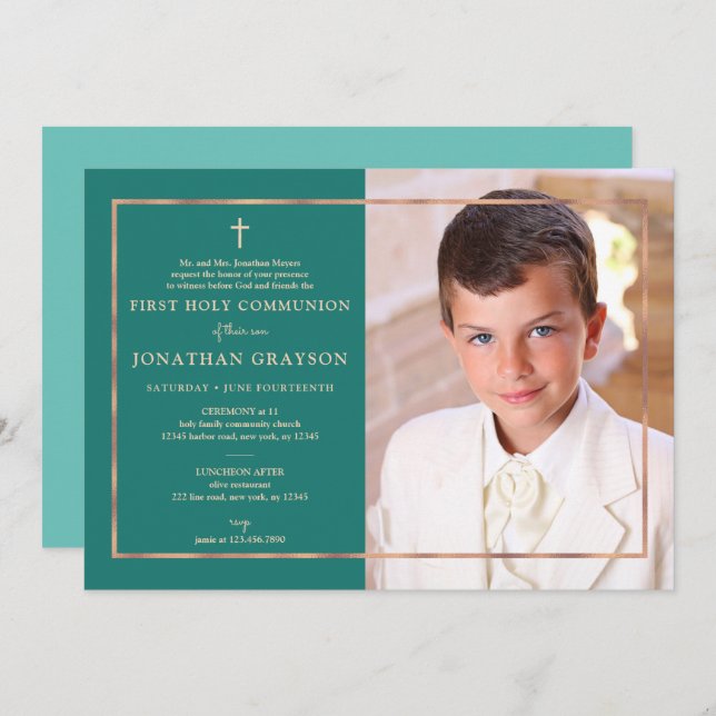 Photographic First Holy Communion Rose Gold Invitation (Front/Back)