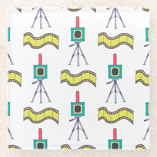 Photographic Journey: Vintage Camera Pattern Glass Coaster (Front)