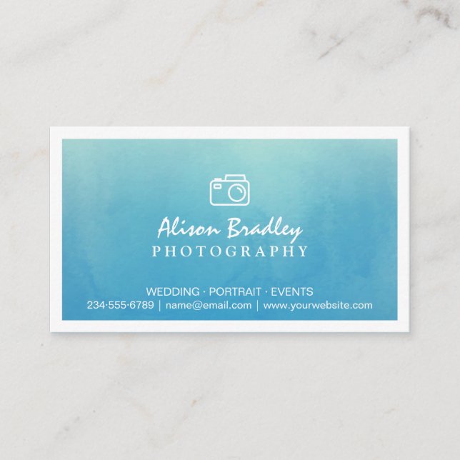 Photography Blue Watercolor Wedding Photo Showcase Business Card (Front)