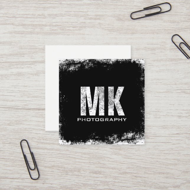 Photography Bold Monogram Grunge Photographer Square Business Card (Front/Back In Situ)